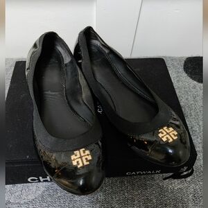 Tory Burch Black Patent Leather Logo Cap Toe Ballet Flats Women’s - 9.5